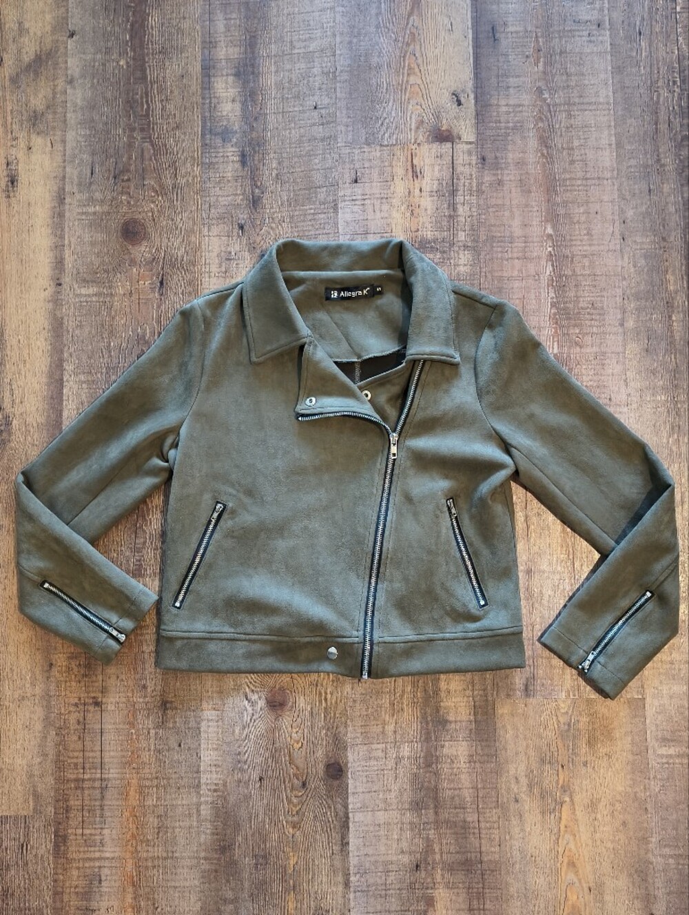 Allegra K Dark Green Zip Up Collared Long Sleeve Polyester Jacket Zippers Size S